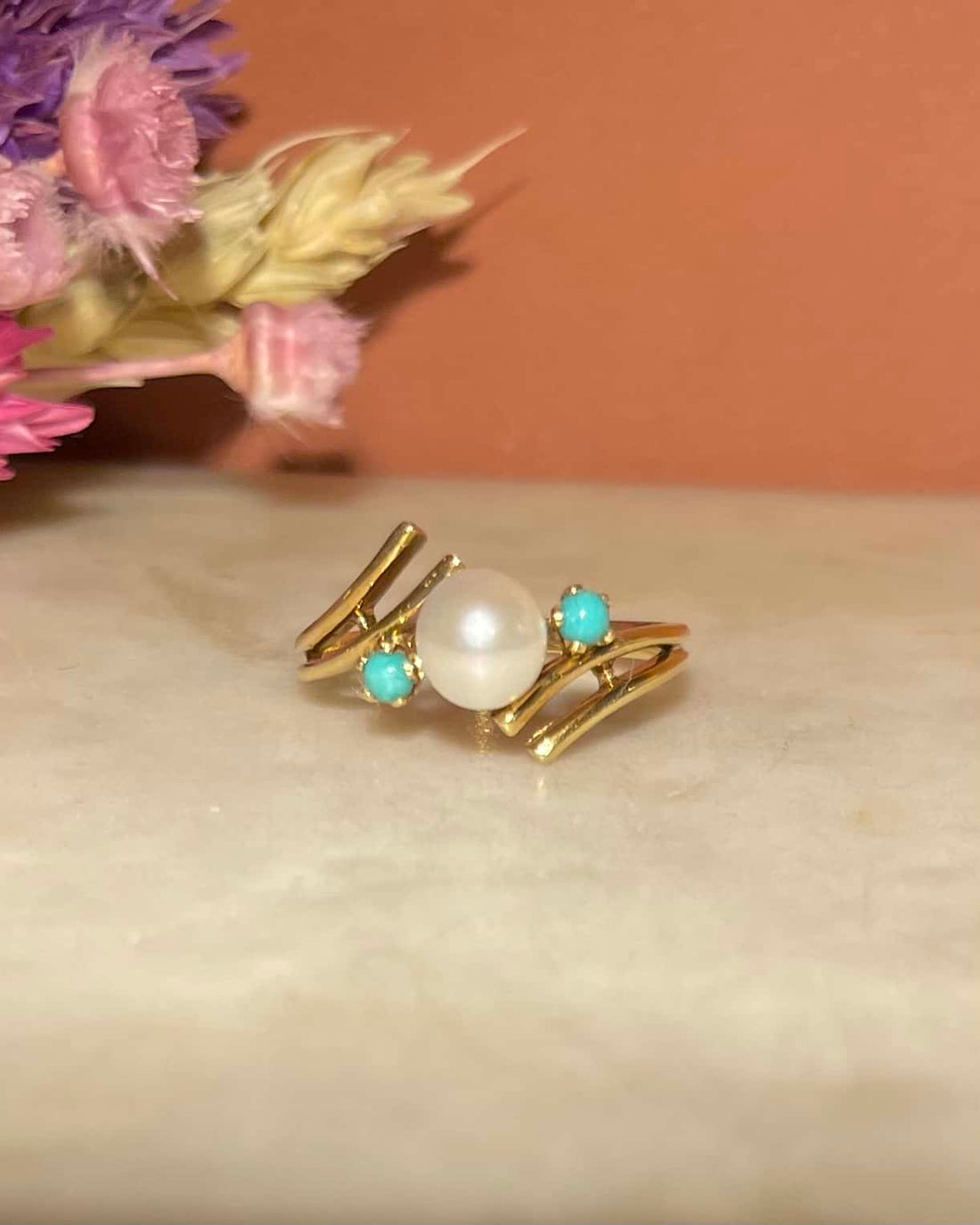 Bague Trilogie Perle &amp; Turquoises &quot;Lise&quot;