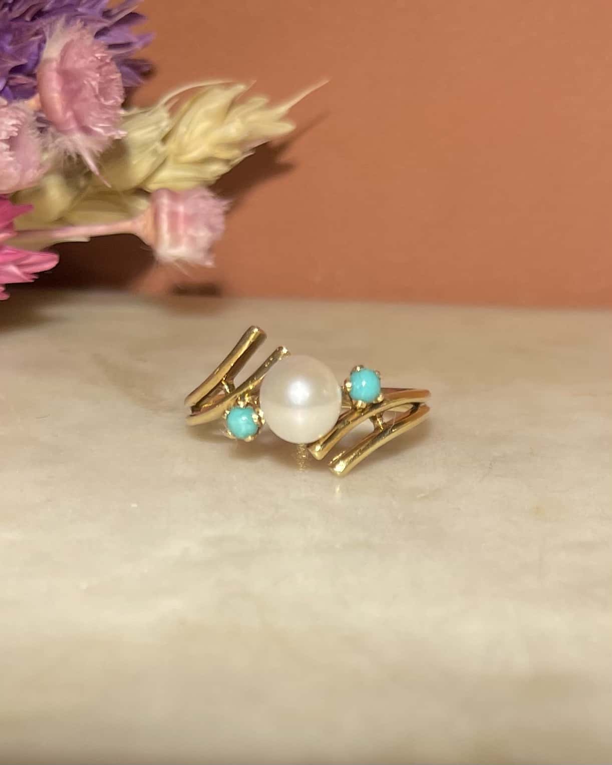 Bague Trilogie Perle &amp; Turquoises &quot;Lise&quot;