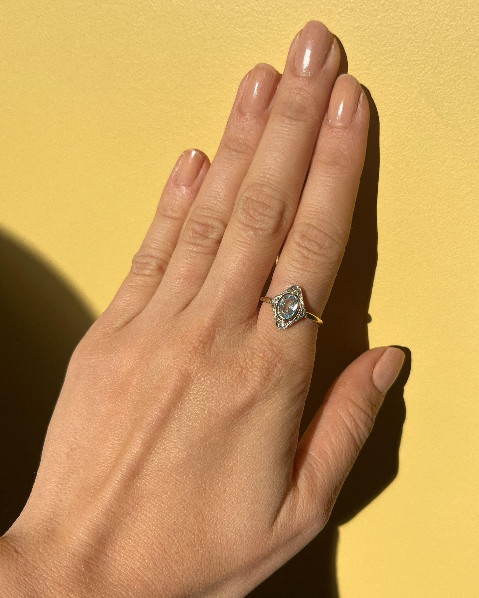Bague Art - Déco Aigue - Marine &amp; Diamants "Vannina" - Elliade Paris