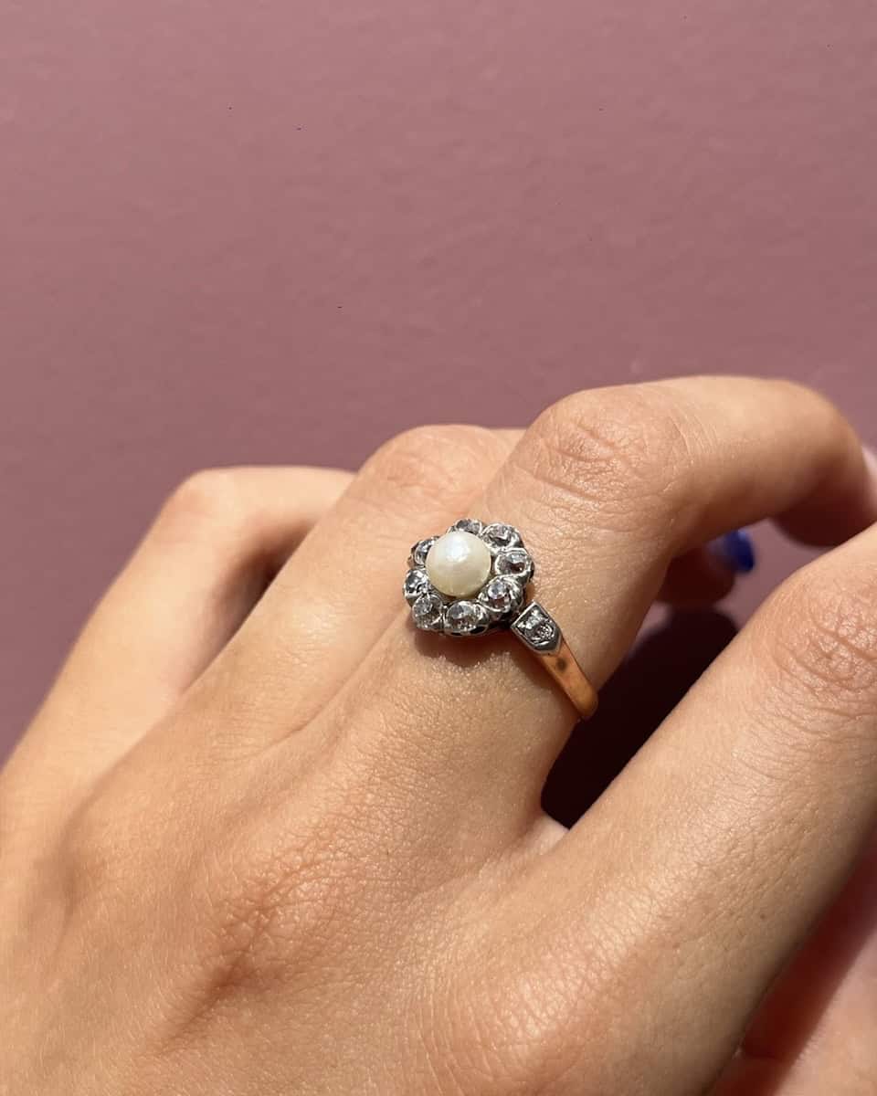 Bague Art-déco marguerite diamants &amp; perle "Julia"