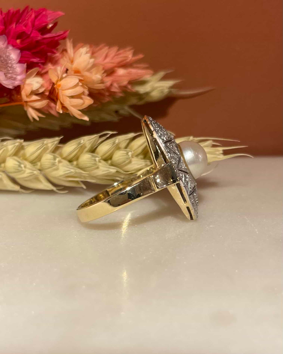 Bague Art-Déco Perle &amp; 14 Diamants &quot;Elsy&quot;