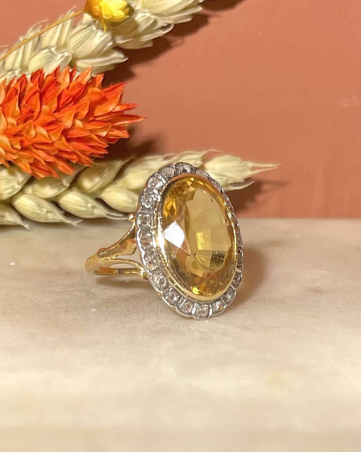 Bague Art - Déco Citrine 5.40 Carats &amp; 20 Diamants "Sirine" - Elliade Paris