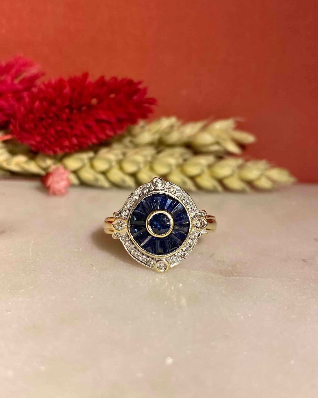 Art Deco Style Ring 15 Sapphires &amp;amp; 24 Diamonds &quot;Cornelia&quot;