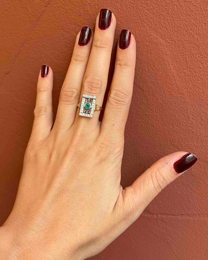 Bague style Art-déco émeraude &amp; 28 diamants &quot;Paz&quot;