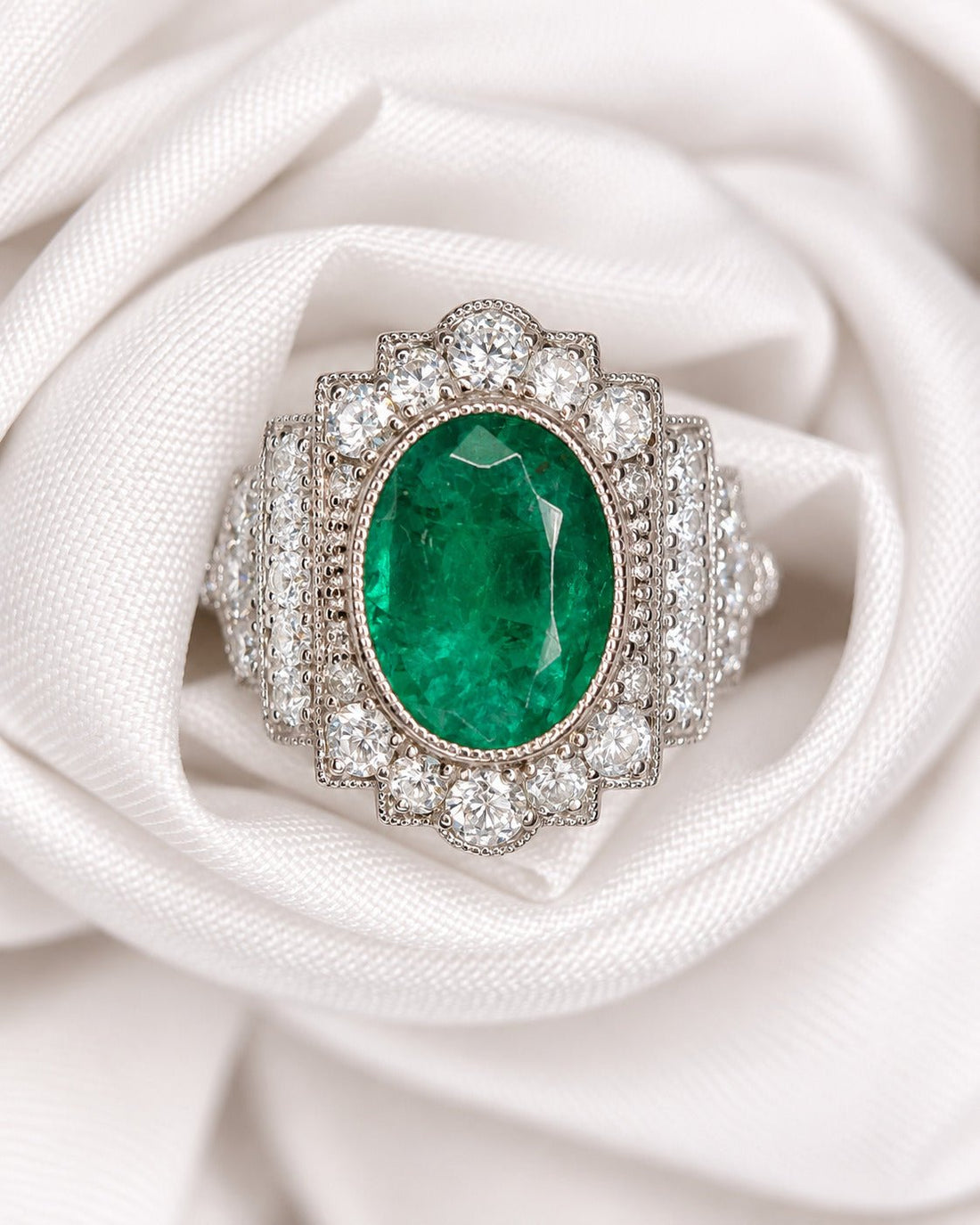 Bague Art-Déco Émeraude Colombienne 1.65 carat &amp; Diamants 0.72 carat "Tamara" - Elliade Paris
