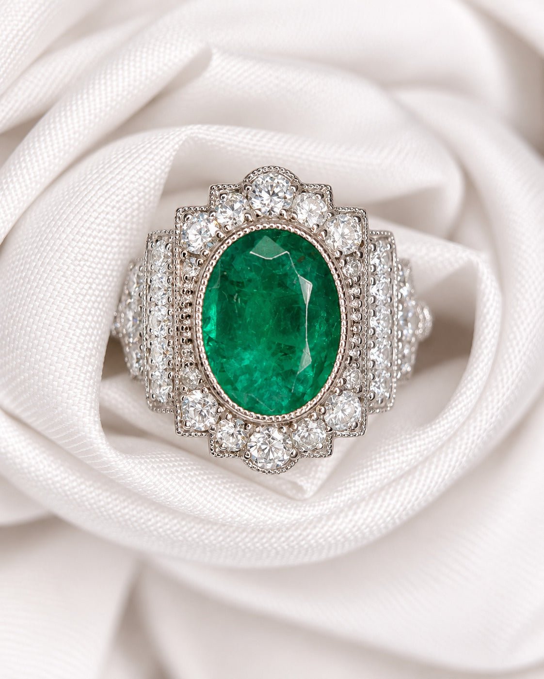 Bague Art-Déco Émeraude Colombienne 1.65 carat &amp; Diamants 0.72 carat "Tamara" - Elliade Paris