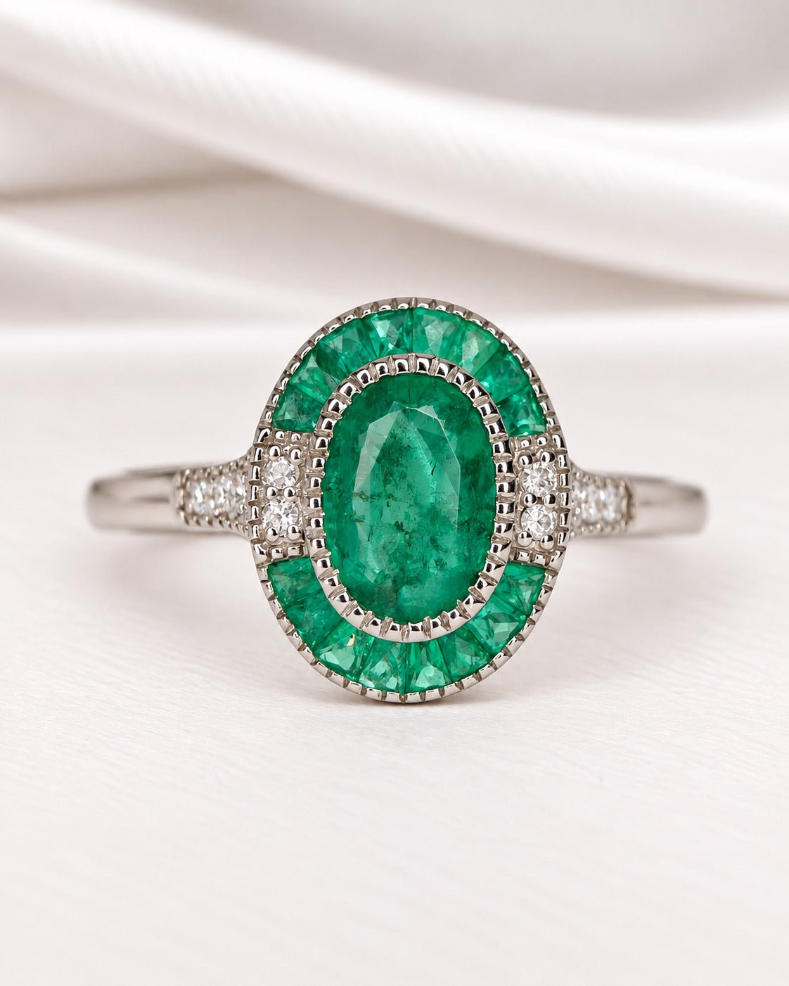 Bague Art-Déco Émeraudes 1.09 carat &amp; Diamants "Raphaelle" - Elliade Paris