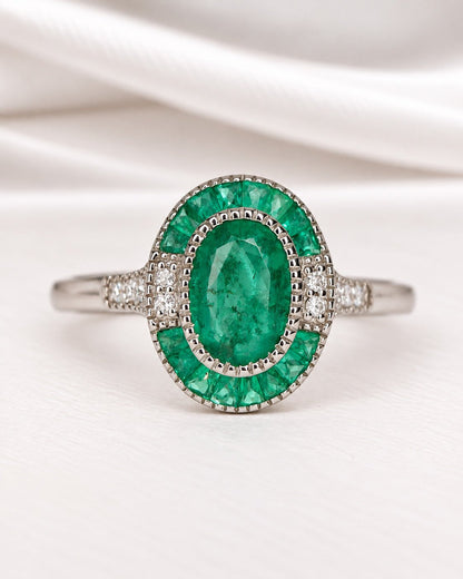 Bague Art-Déco Émeraudes 1.09 carat &amp; Diamants "Raphaelle" - Elliade Paris