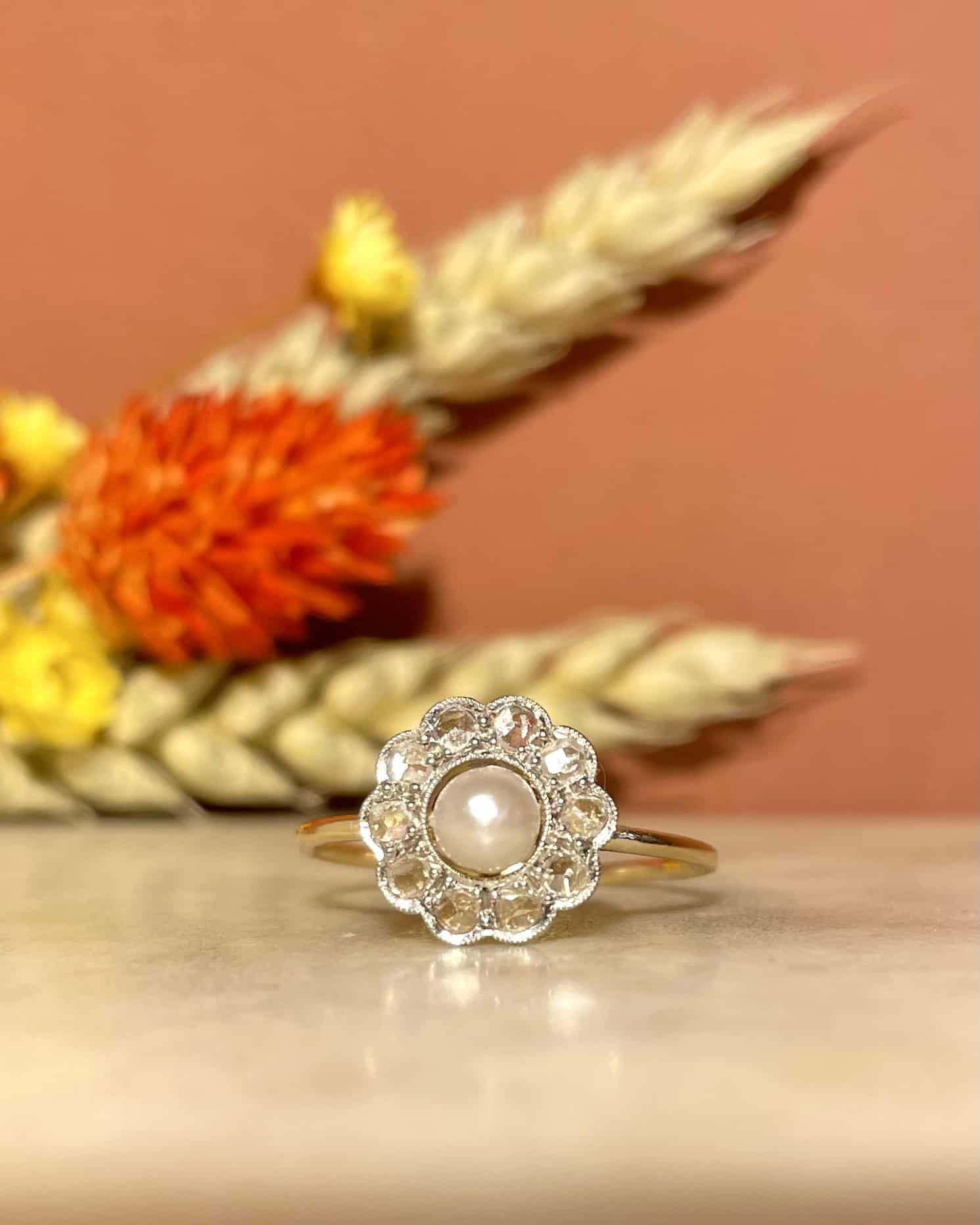 Bague Art - déco marguerite diamants &amp; perle "Malia" - Elliade Paris