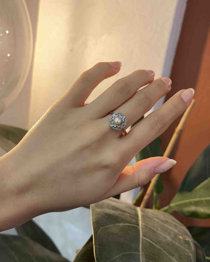 Bague Art - Déco Perle &amp; 8 Diamant &quot;Lyss&quot; - Elliade Paris