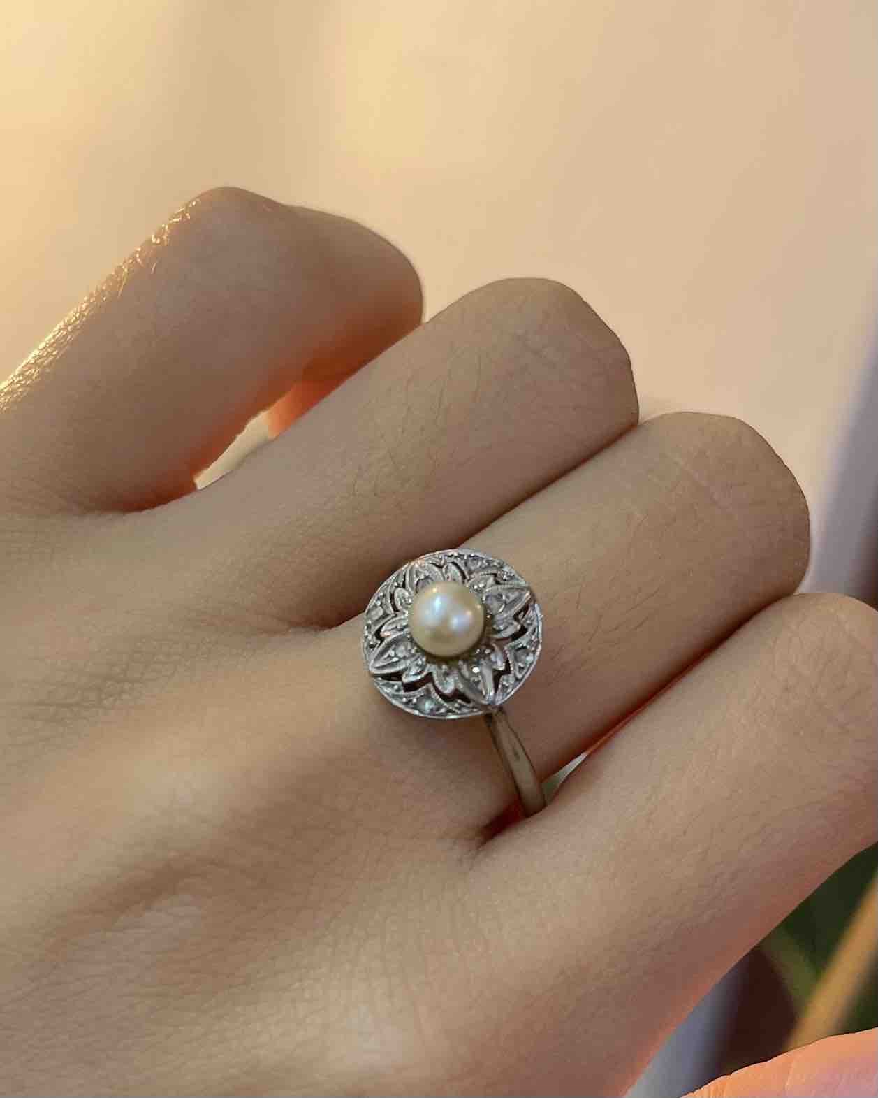 Bague Art - Déco Perle &amp; 8 Diamant "Lyss" - Elliade Paris