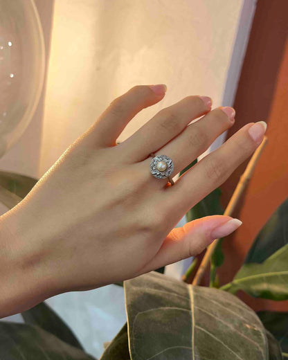 Bague Art-Déco Perle &amp; 8 Diamant &quot;Lyss&quot;