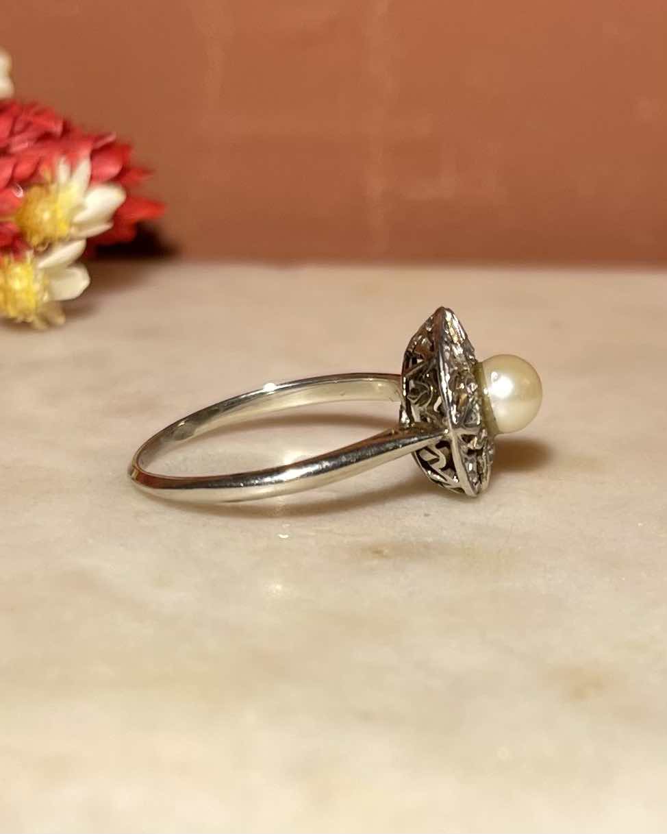 Bague Art-Déco Perle &amp; 8 Diamant &quot;Lyss&quot;