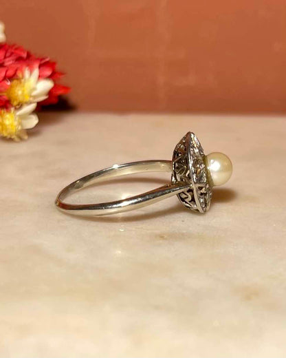 Bague Art-Déco Perle &amp; 8 Diamant &quot;Lyss&quot;