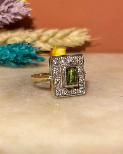 Bague style Art-Déco Tourmaline &amp; 12 Diamants &quot;Savannah&quot;