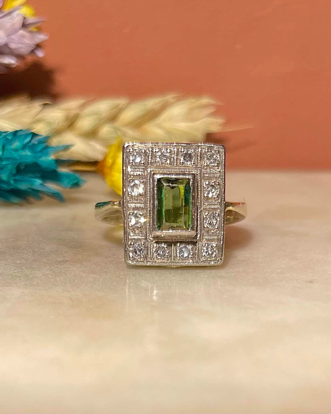 Bague style Art-Déco Tourmaline &amp; 12 Diamants &quot;Savannah&quot;