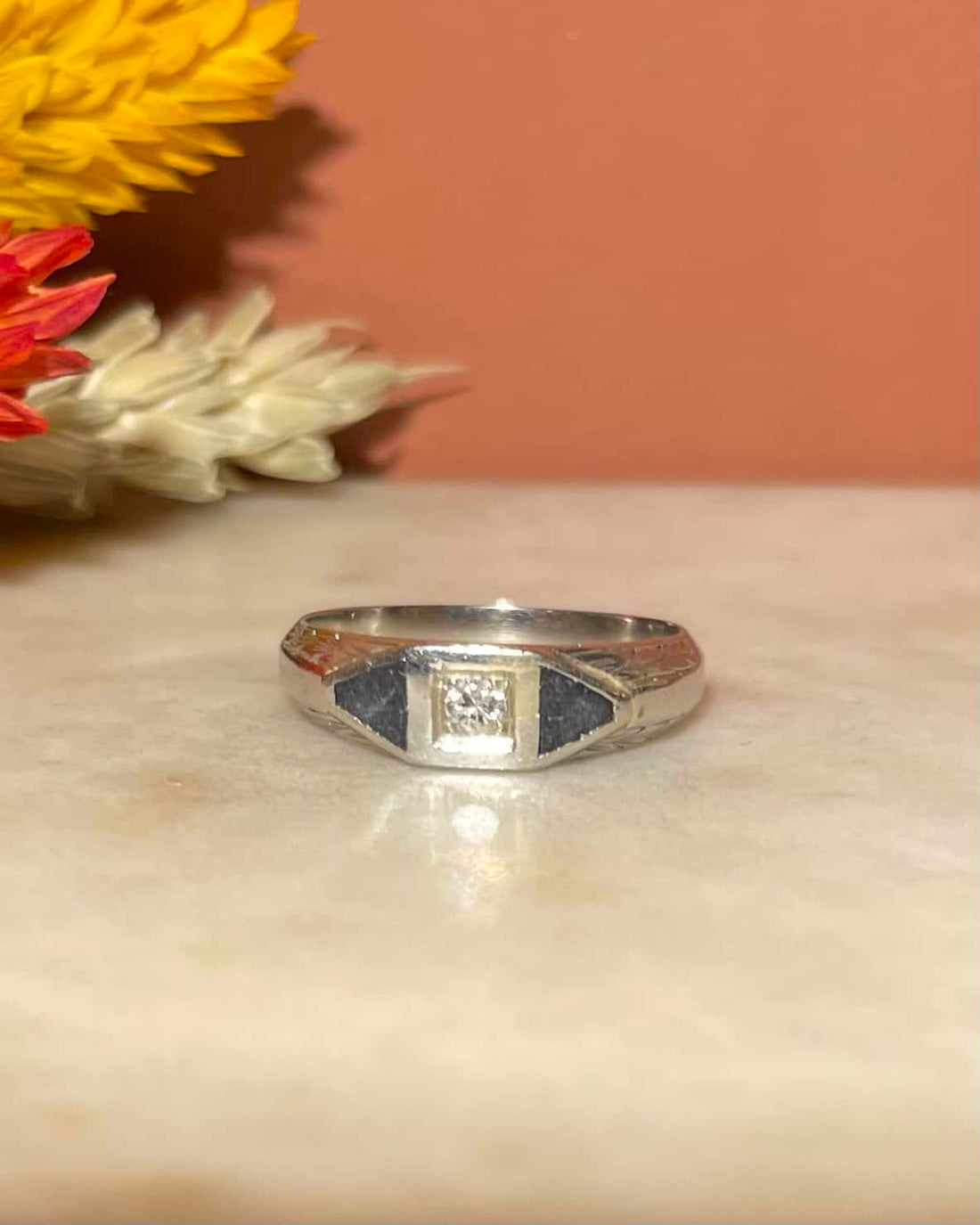 Bague Art déco Résine noire et Diamant &quot;Alaric&quot;