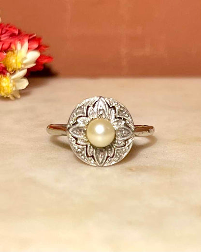 Bague Art-Déco Perle &amp; 8 Diamant &quot;Lyss&quot;