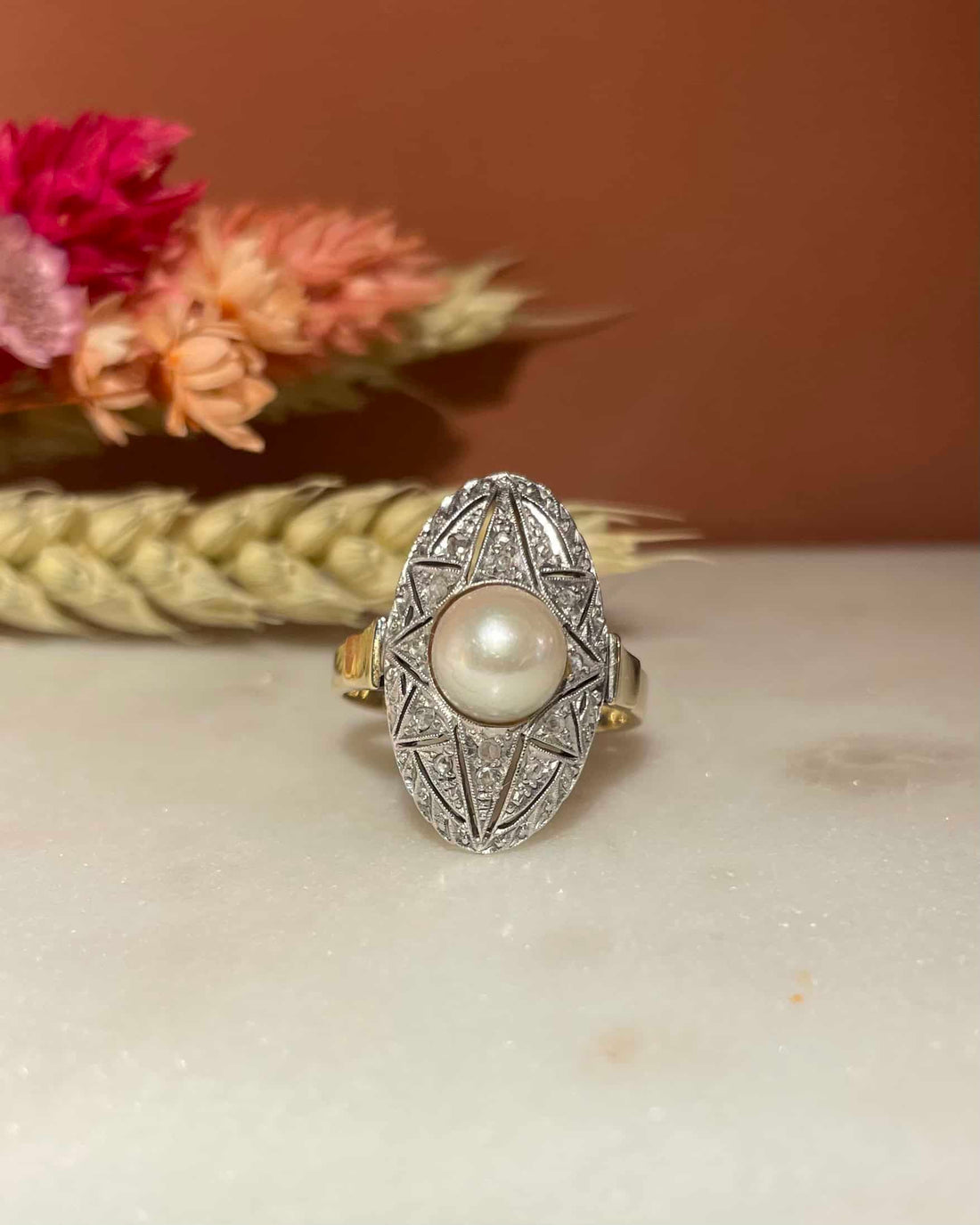 Bague Art-Déco Perle &amp; 14 Diamants &quot;Elsy&quot;