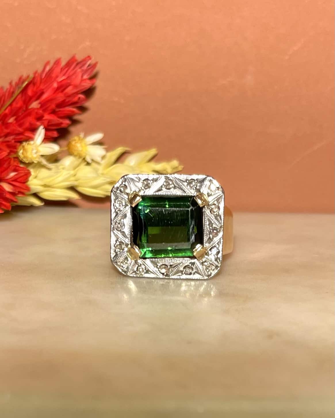 Bague Chevalière Style Art - Déco Tourmaline "Saray" - Elliade Paris