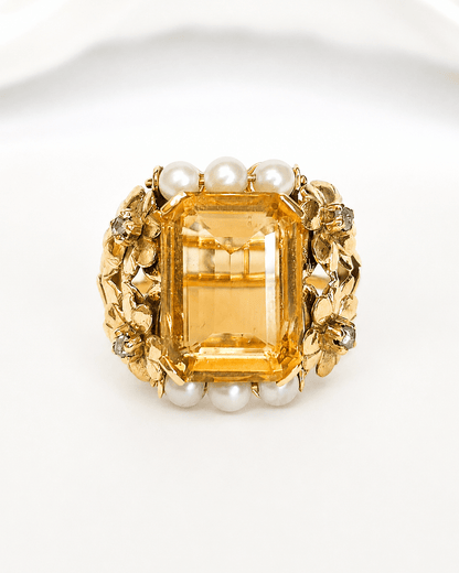Bague Cocktail Citrine 6.80 carats, Diamants &amp; Perles 9,28g "Donna" - Elliade Paris