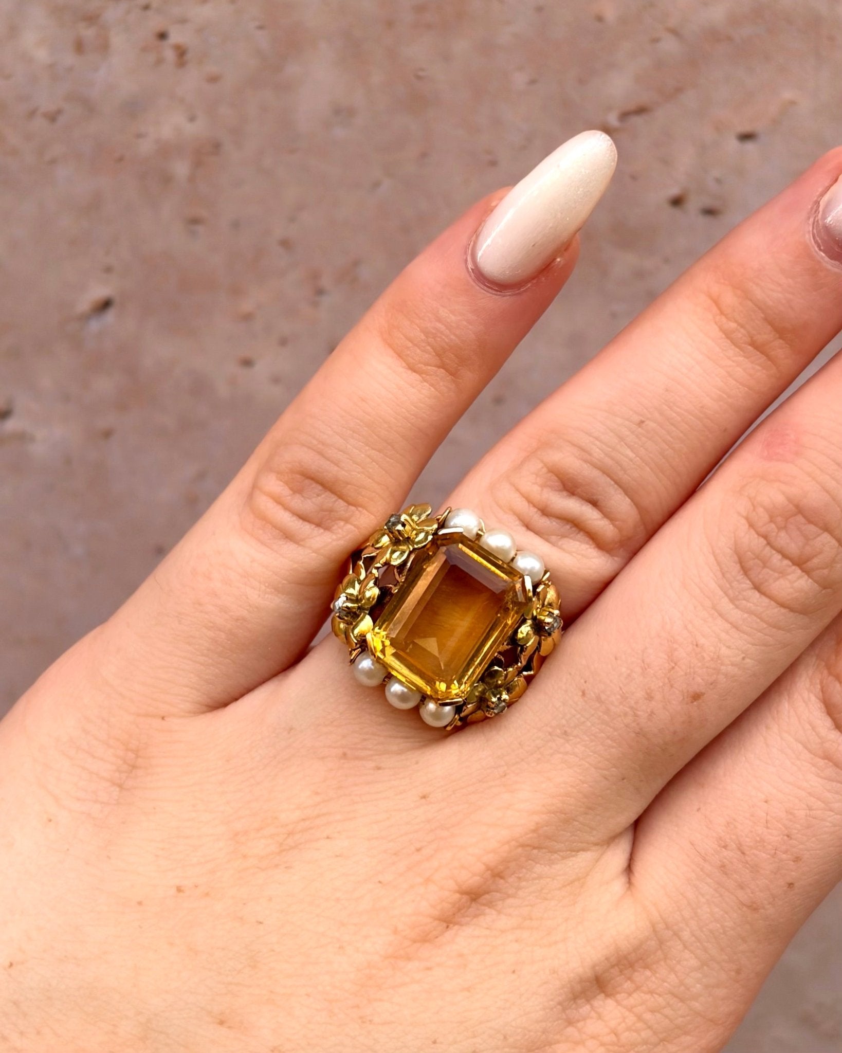 Bague Cocktail Citrine 6.80 carats, Diamants &amp; Perles 9,28g "Donna" - Elliade Paris
