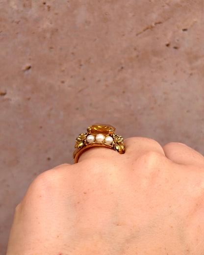 Bague Cocktail Citrine 6.80 carats, Diamants &amp; Perles 9,28g "Donna" - Elliade Paris