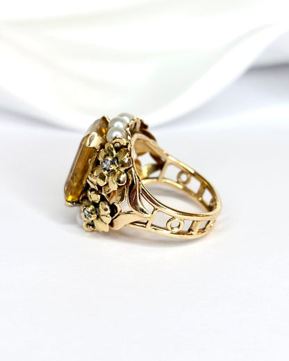 Bague Cocktail Citrine, Diamants, Perles &amp; Or 9,28g "Donna" - Elliade Paris