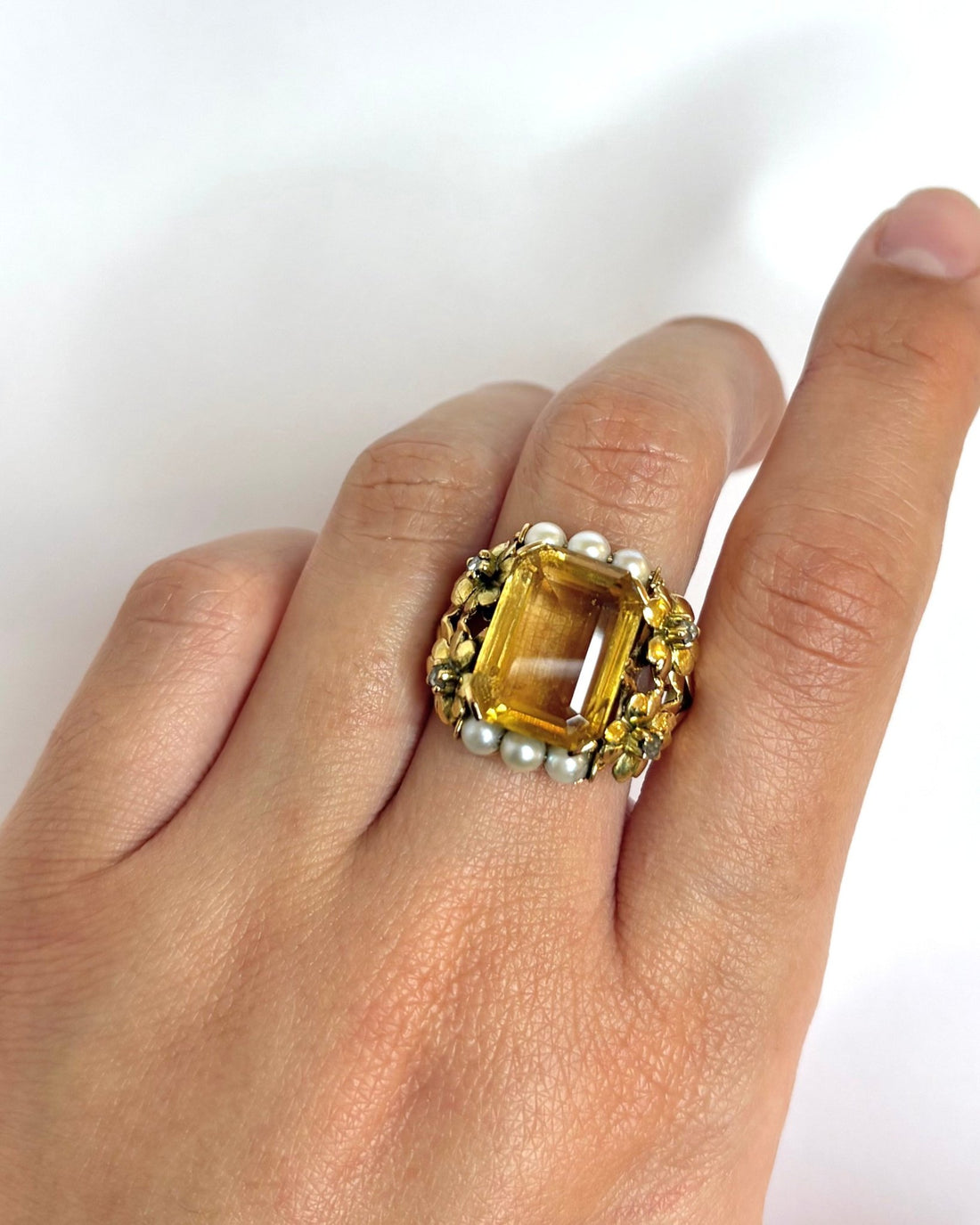 Bague Cocktail Citrine, Diamants, Perles &amp; Or 9,28g "Donna" - Elliade Paris