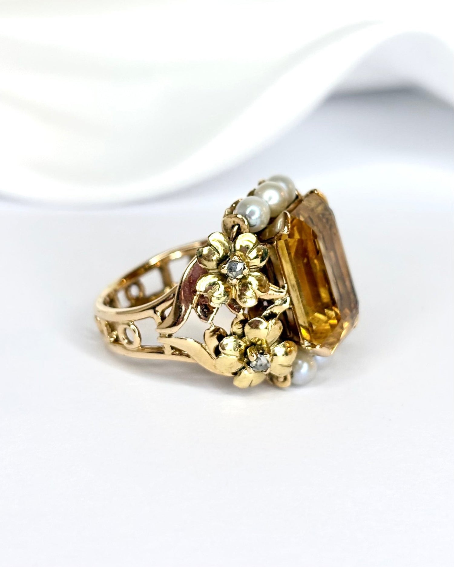 Bague Cocktail Citrine, Diamants, Perles &amp; Or 9,28g "Donna" - Elliade Paris
