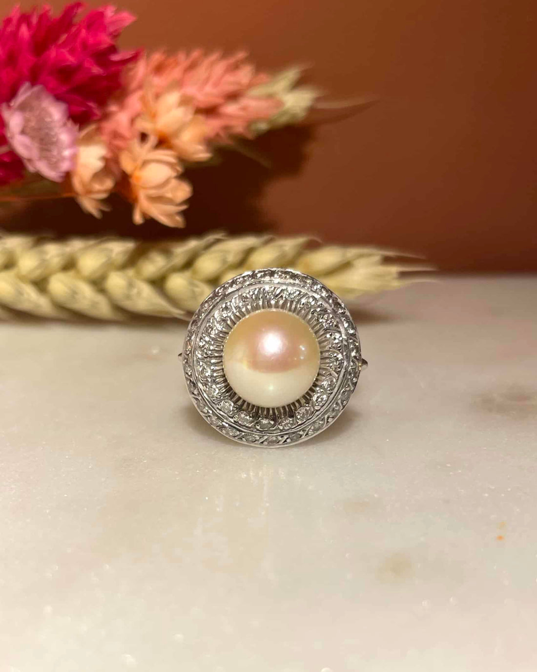 Bague Art-Déco Perle &amp; 42 Diamants &quot;Lucinda&quot;