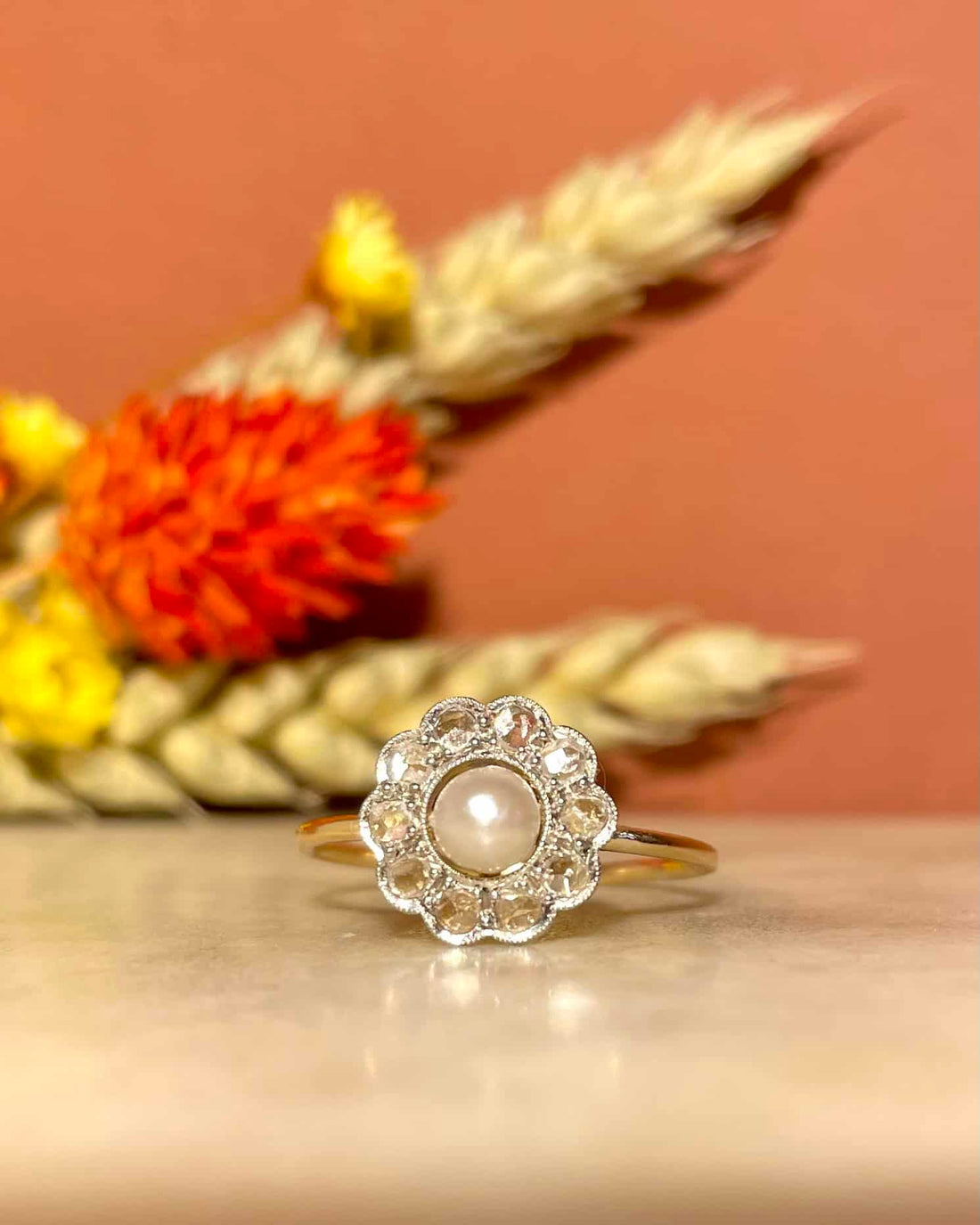 Bague Art-déco marguerite diamants &amp; perle &quot;Malia&quot;