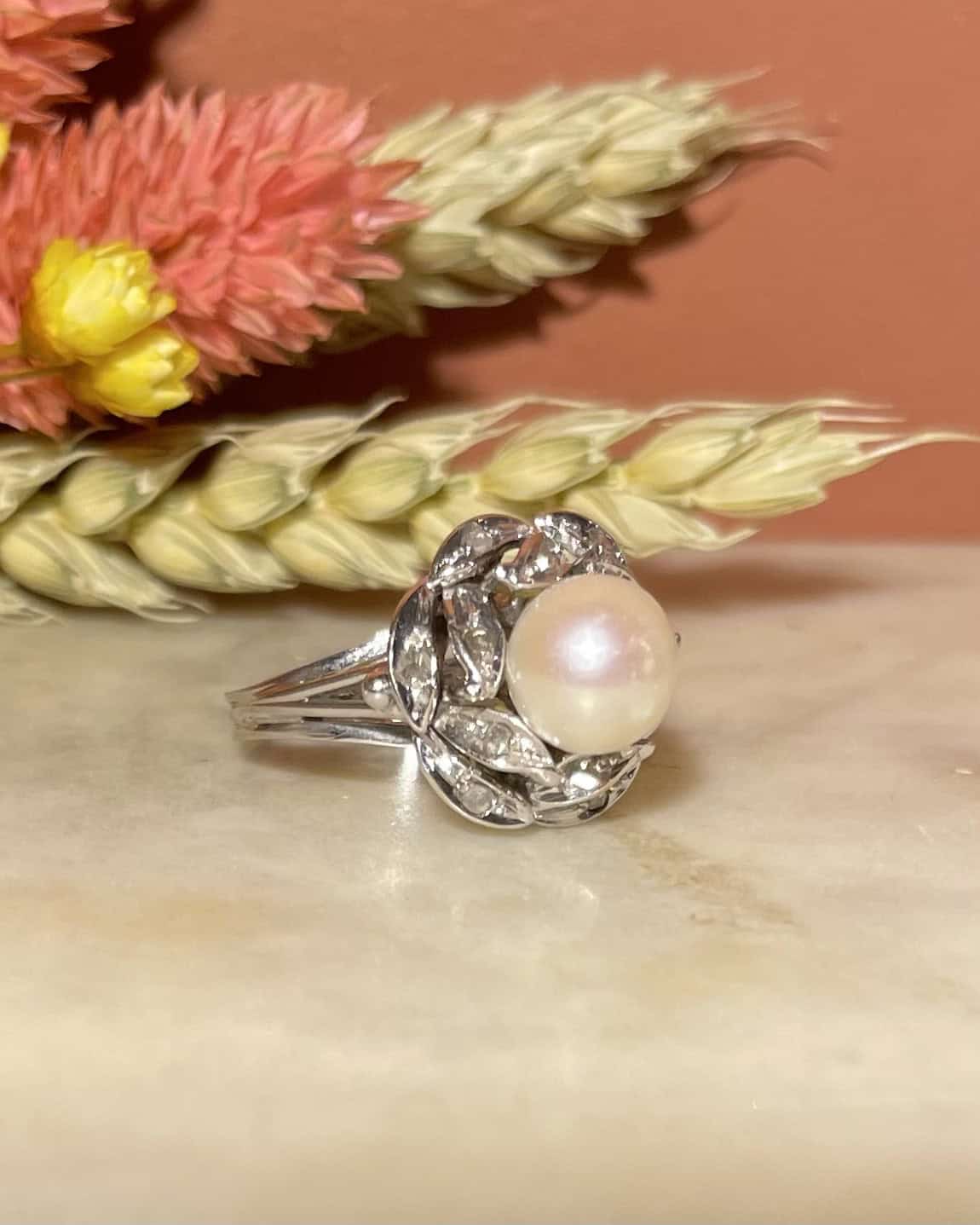 Bague fleur Perle &amp; Diamants "Pamela" - Elliade Paris