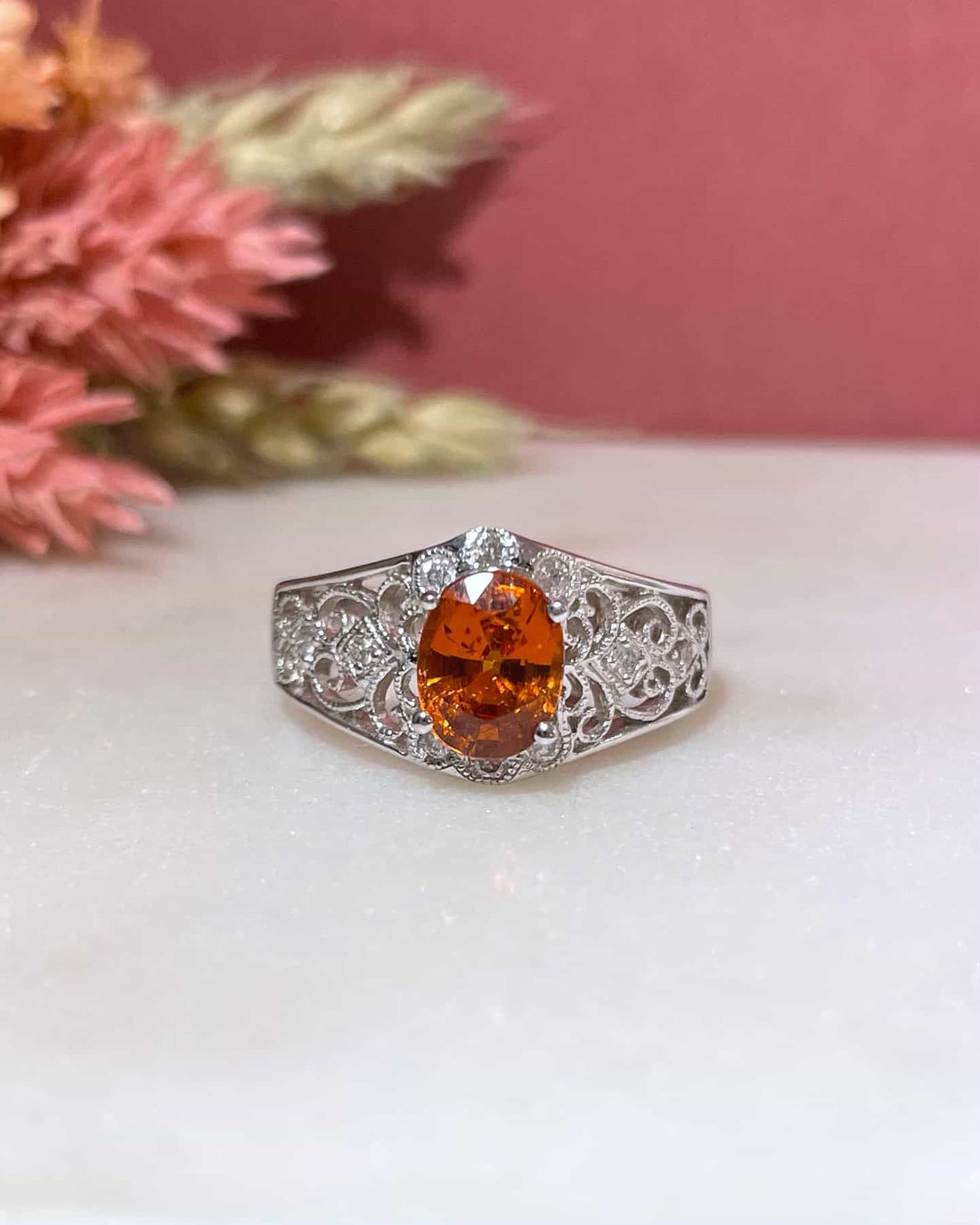 Bague Jonc vintage Grenat Spessartite 1.60 carat & diamants "Denise"
