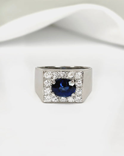 Bague Jonc Chevalière Saphir 1.40 carat &amp; Diamants 0.42 carat "Pascale" - Elliade Paris