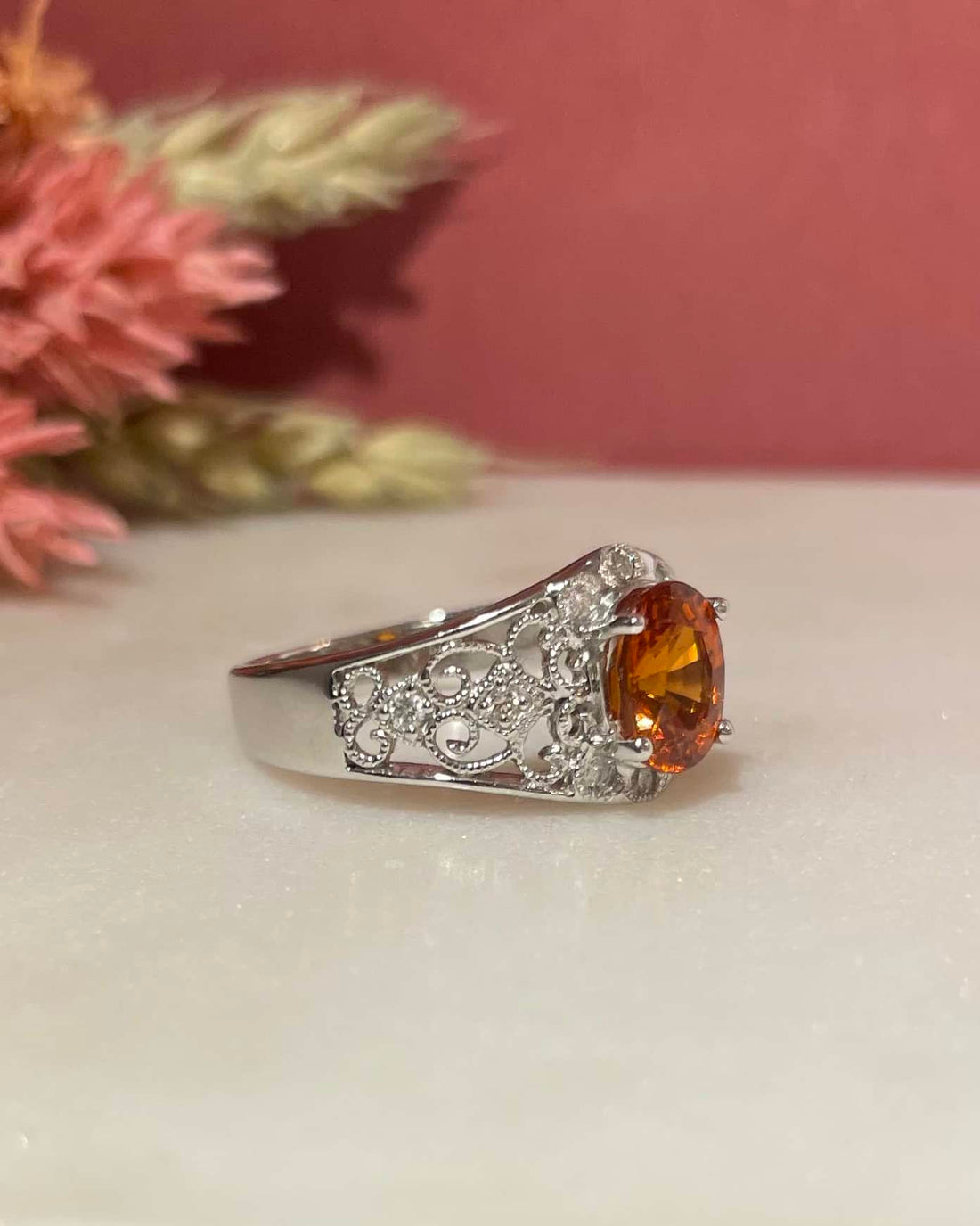 Bague Jonc vintage Grenat Spessartite 1.60 carat &amp; diamants &quot;Denise&quot;