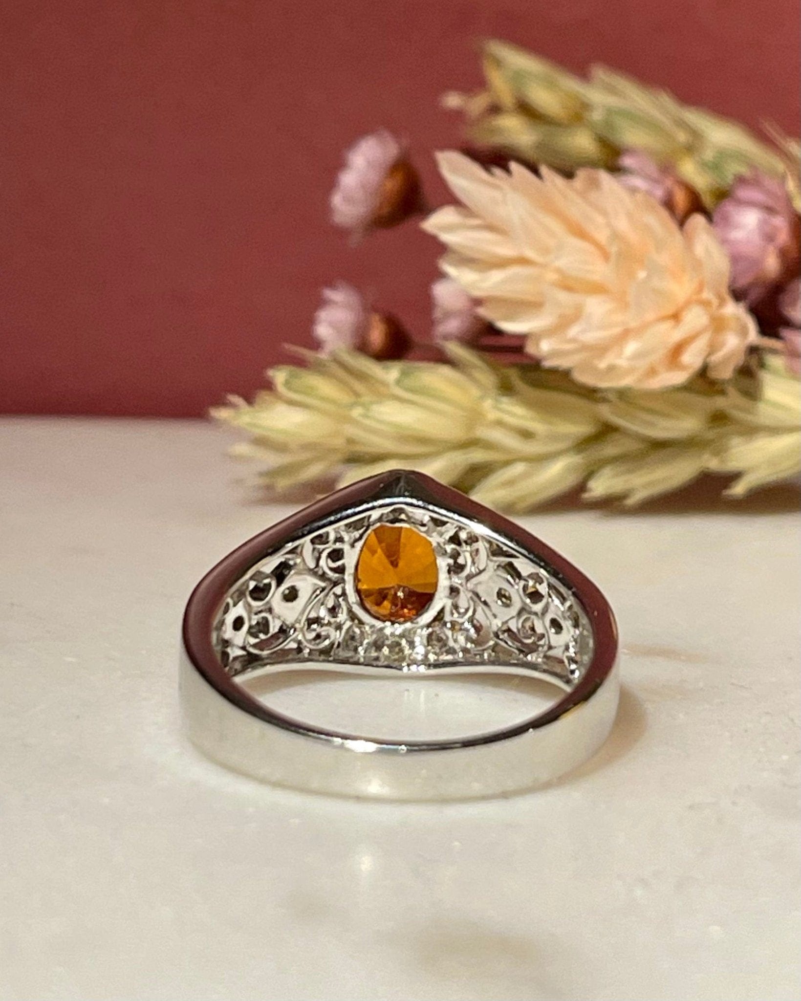 Bague Jonc vintage Grenat Spessartite 1.60 carat &amp; diamants "Denise" - Elliade Paris