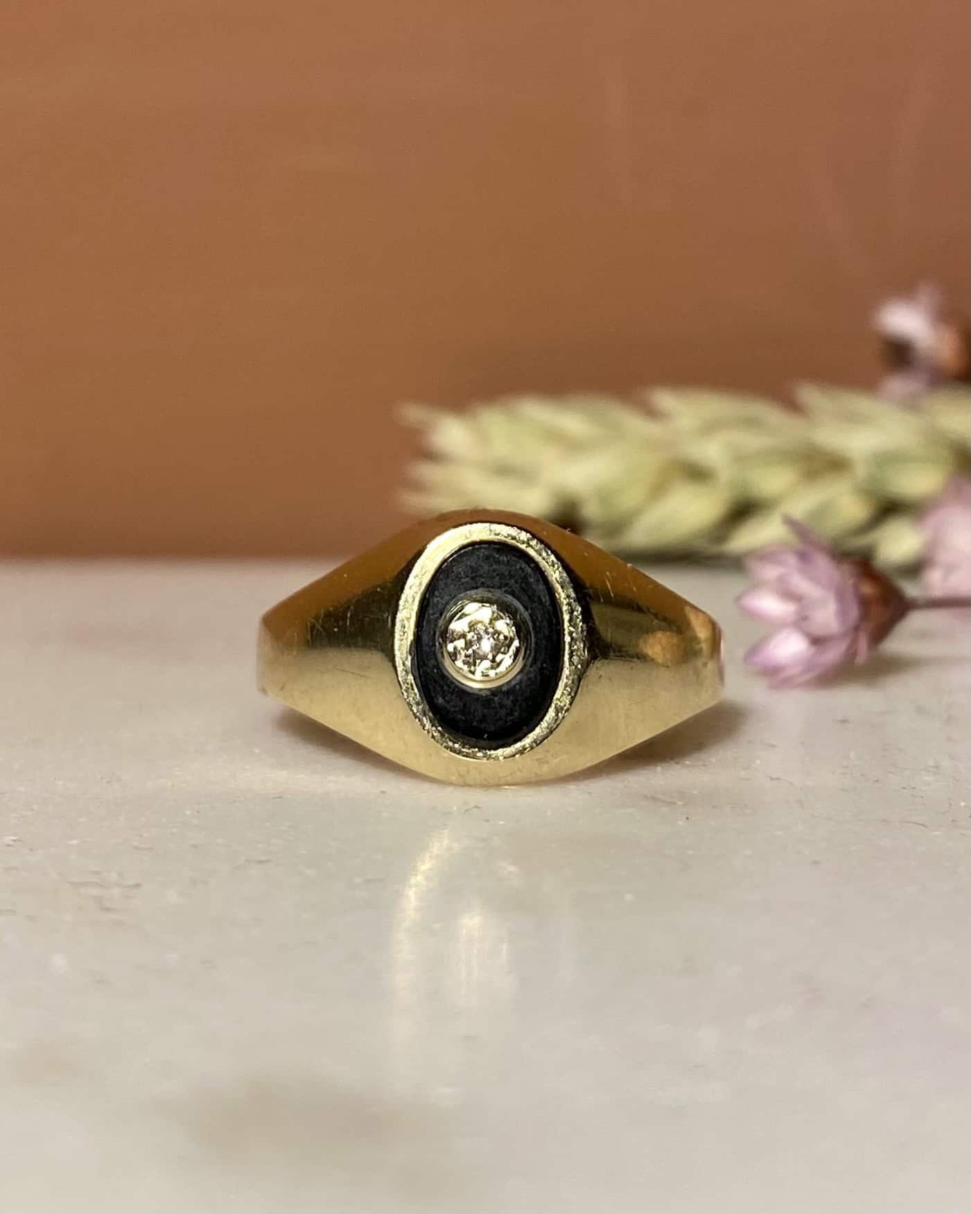 Bague Jonc vintage Onyx et Diamant "Nyssa" - Elliade Paris