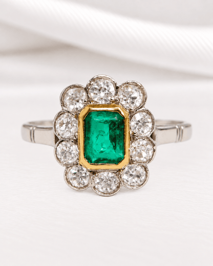 Bague Marguerite Art-Déco Émeraude 0.56 carat &amp; Diamants 0.55 carat "Flore" - Elliade Paris