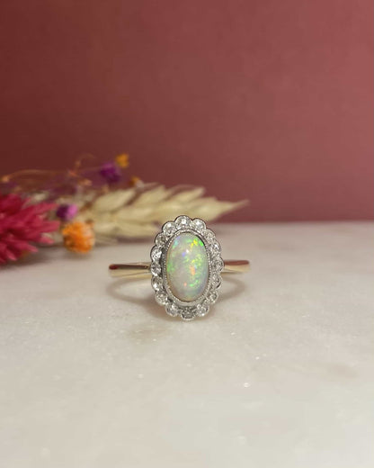 Bague Marguerite Art - Déco Opales &amp; diamants &quot;Yolande&quot; - Elliade Paris