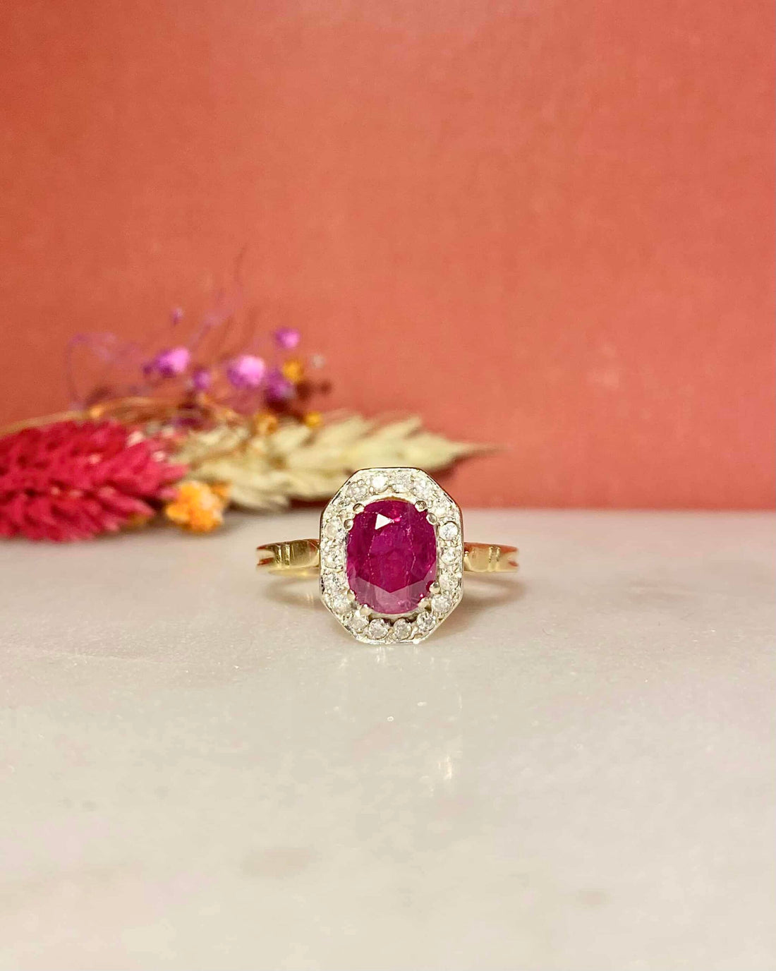 Bague Marguerite Style Art-Déco Rubis &amp; Diamants « Mirelle »