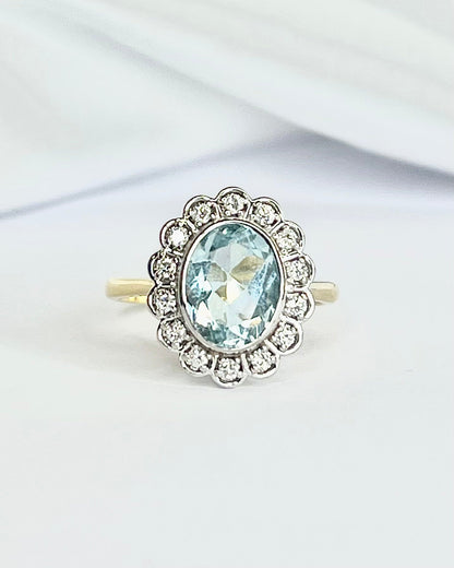 Bague Marguerite Style Art - Déco Aigue - Marine 1.65 carat &amp; 14 Diamants "Camélia" - Elliade Paris