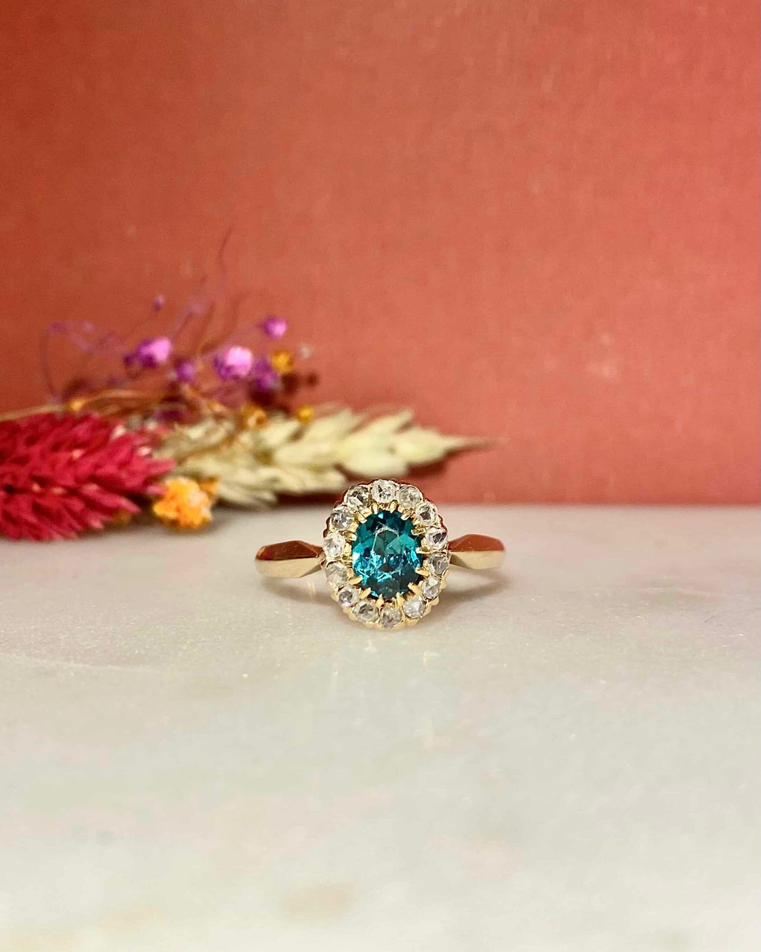 Art Deco Daisy Ring Topaz 0.65 carat &amp;amp; Diamonds “Azura”