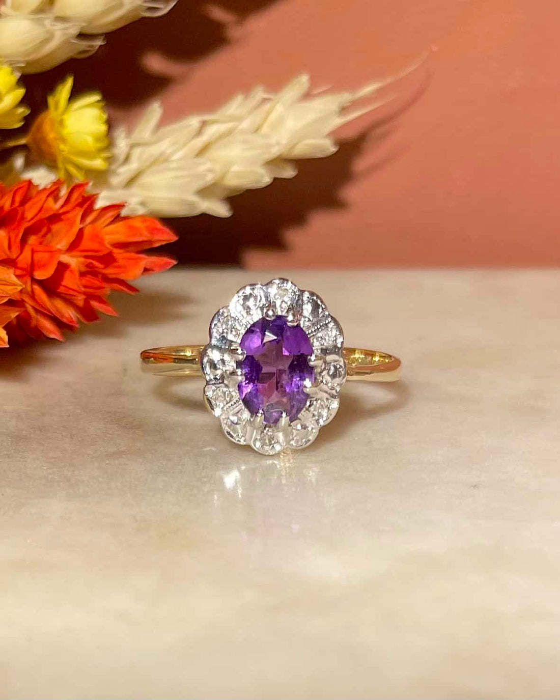 Anillo de margaritas de amatista y diamantes de 1 quilate &quot;Melissa&quot; 
