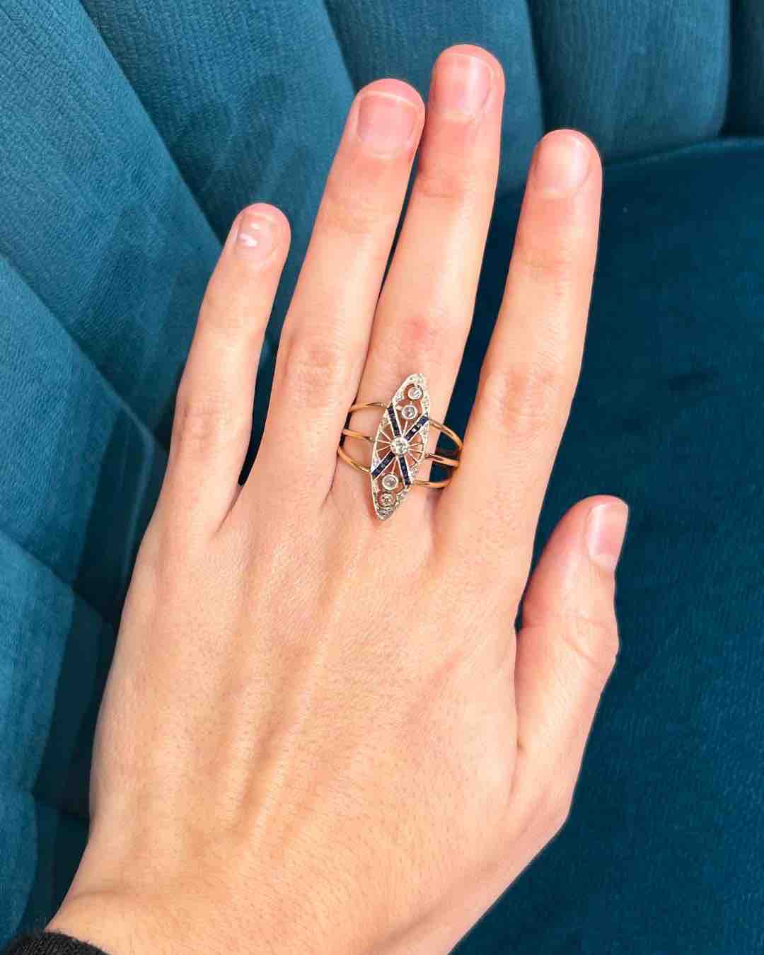Bague marquise 19e siècle diamants &amp; Saphirs "Yohana" - Elliade Paris