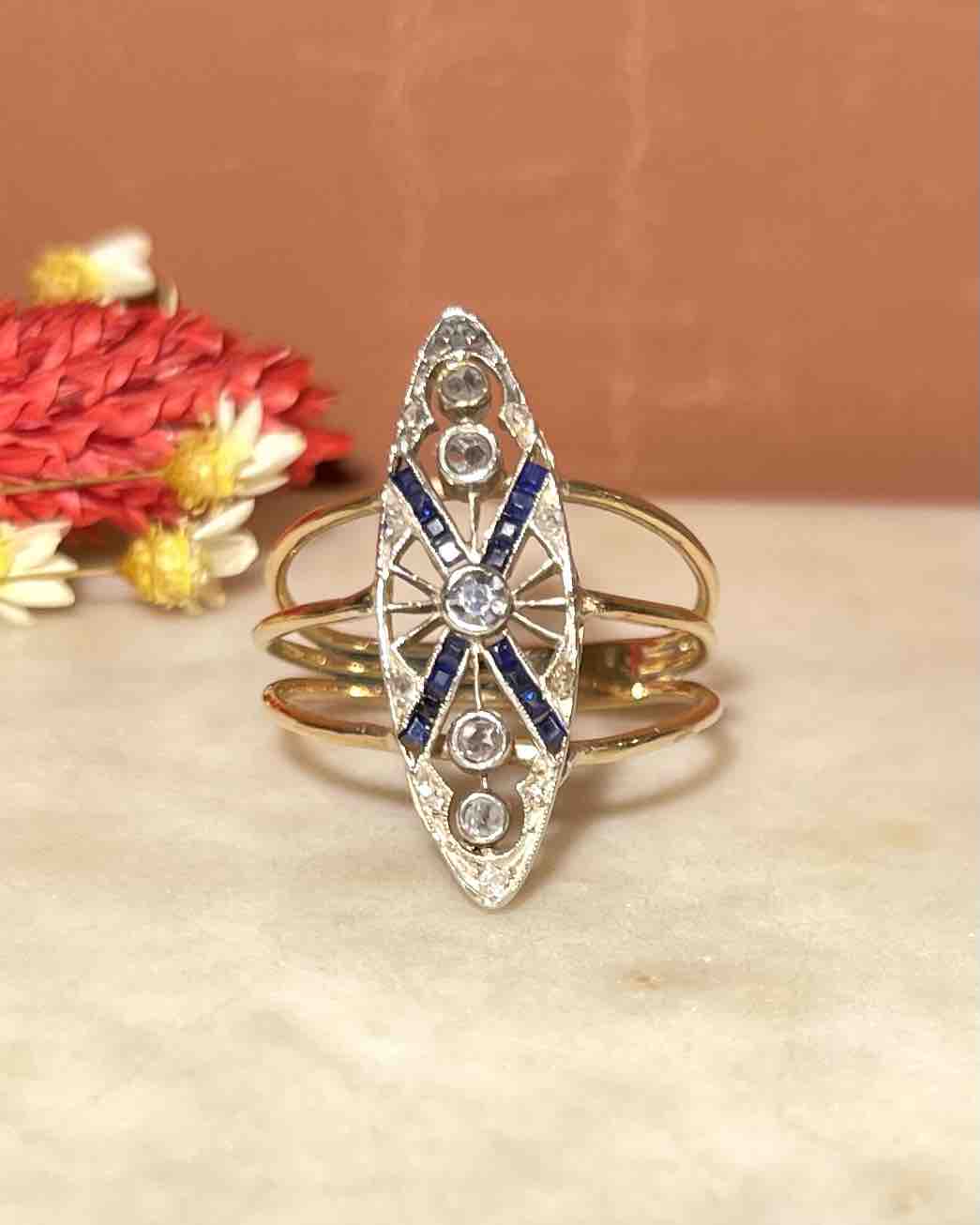 Bague marquise 19e siècle diamants &amp; Saphirs &quot;Yohana&quot;