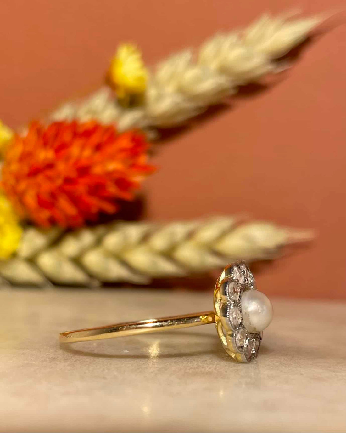 Bague Art-déco marguerite diamants &amp; perle &quot;Malia&quot;