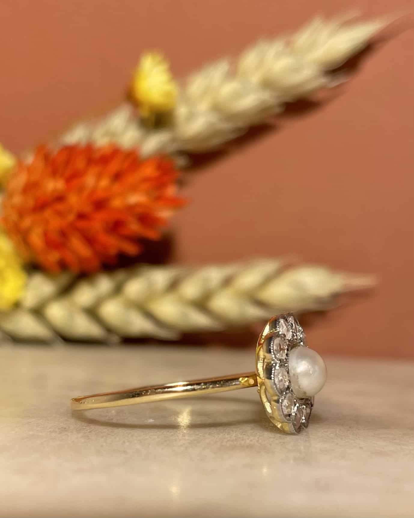Bague Art-déco marguerite diamants &amp; perle "Malia"