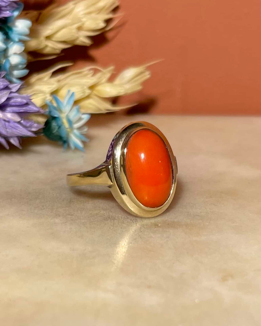 Bague Cocktail Vintage Corail Cabochon &quot;Dune&quot;