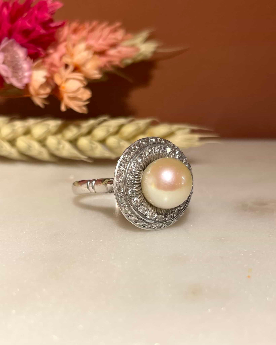 Bague Art-Déco Perle &amp; 42 Diamants &quot;Lucinda&quot;